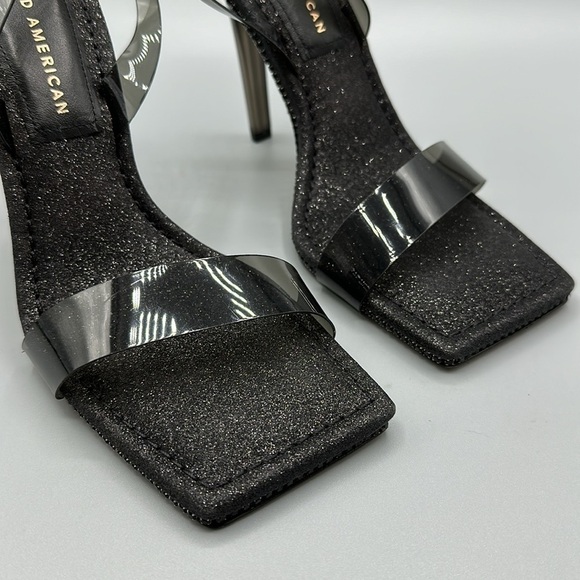 Good American Black Glitter Jeweled Strappy High Heels Square Toe Women's Size 7 - Picture 5 of 8